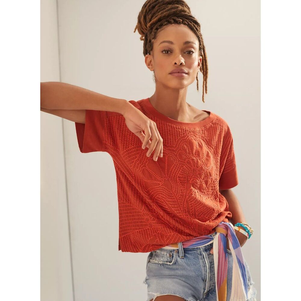 By Anthropologie Contrast Floral Embroidered Tee Blouse Top Cotton M 287588